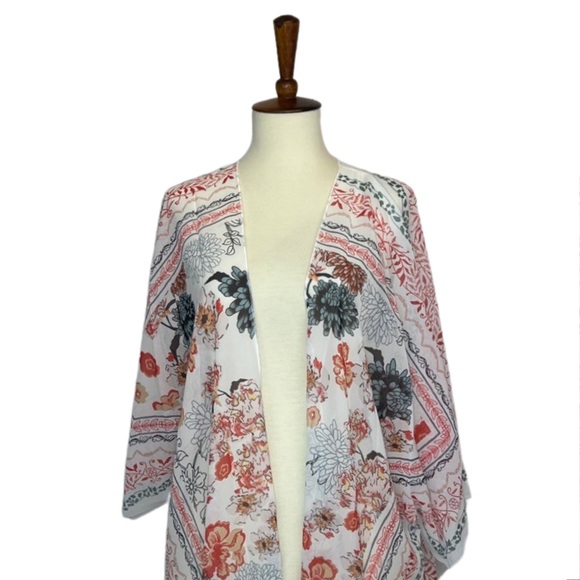 Boho Creamy White Floral Kimono Wrap Beach Coverup - Picture 7 of 16